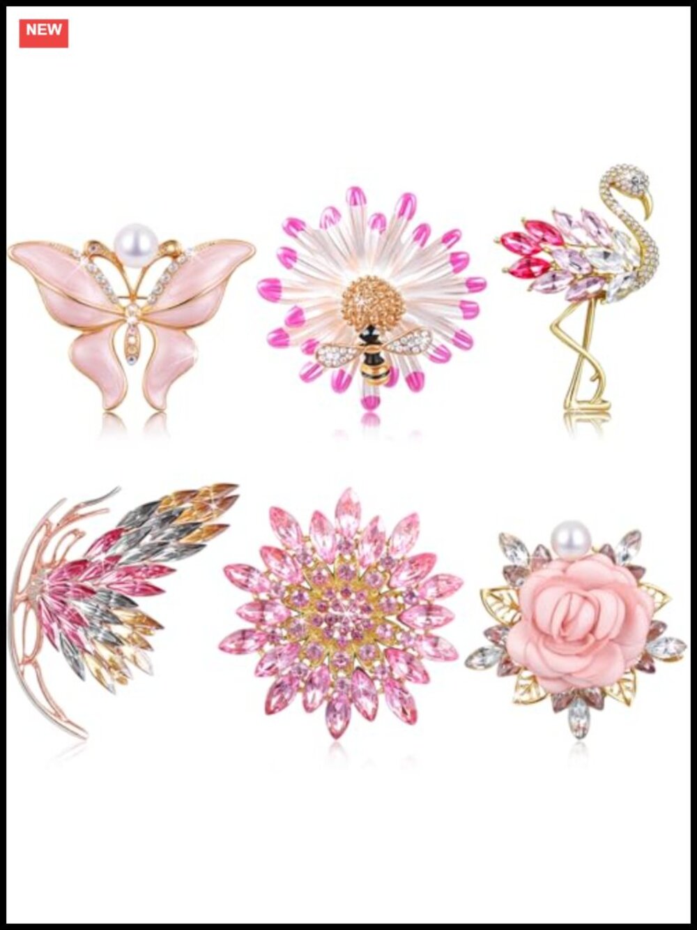 6 Pcs Rhinestone Crystal Inlaid Brooch Set Butterfly Flamingos Bouquet Flower